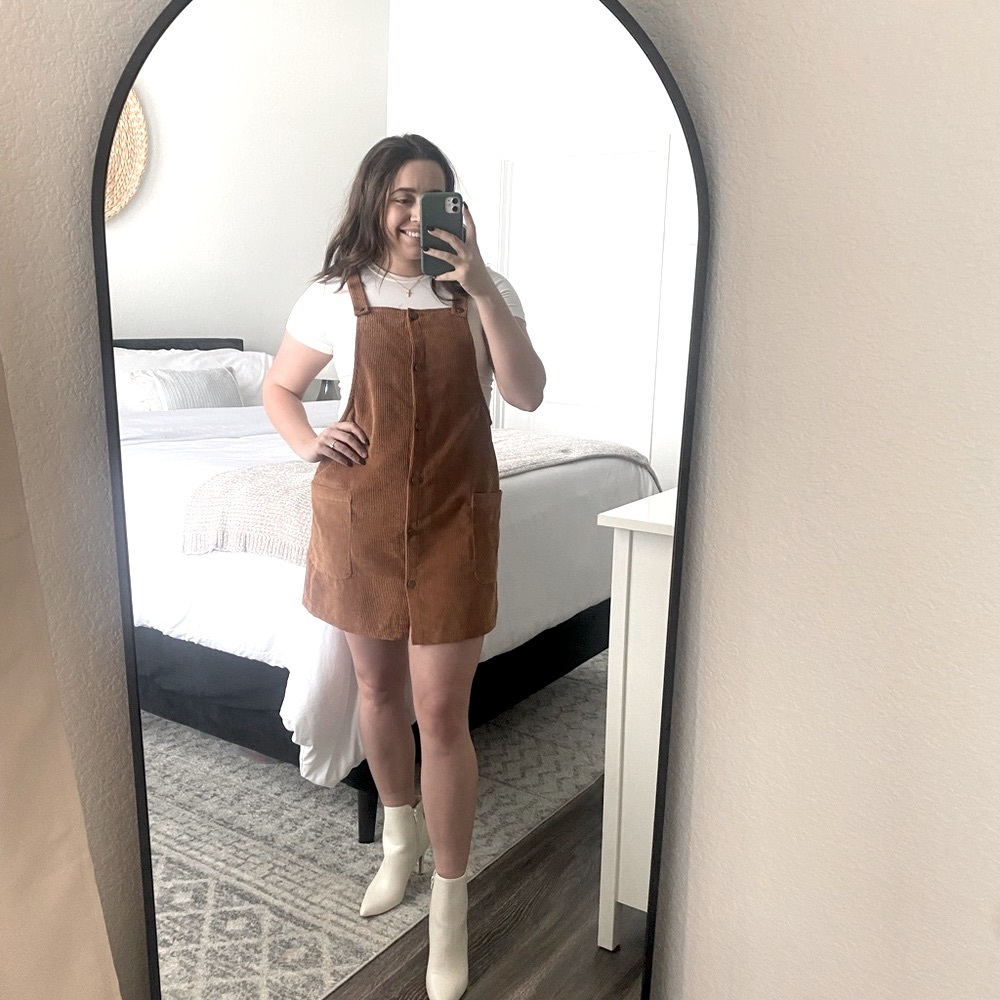 Burnt orange casual corduroy button-down overall dress - size M